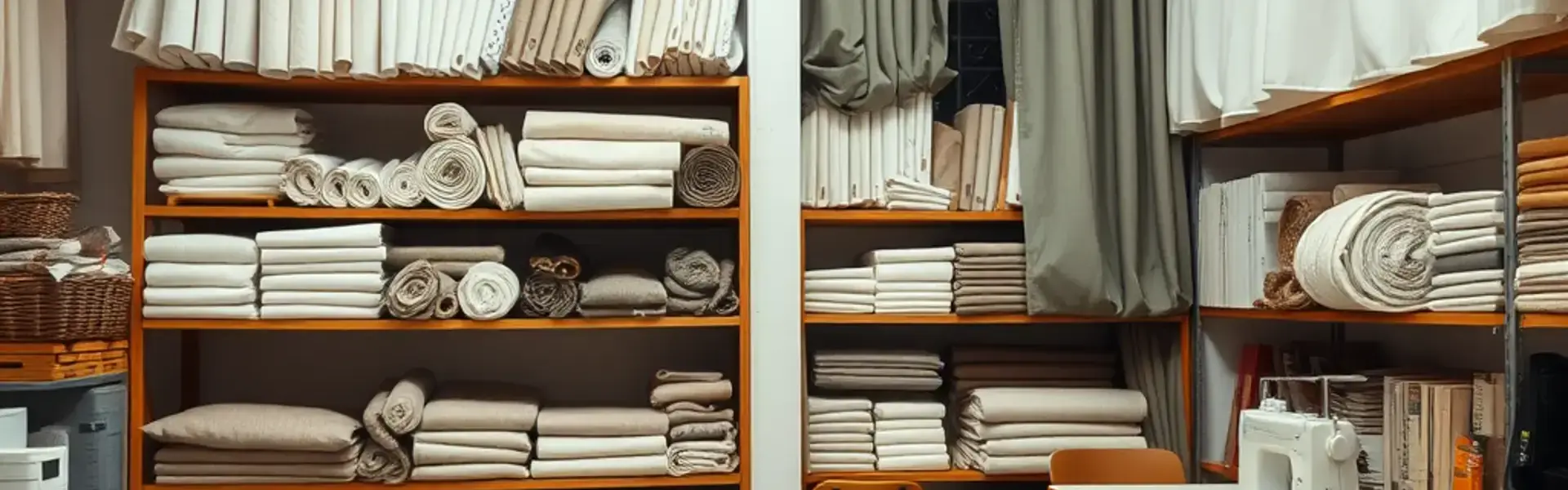 Elegant drapery workshop interior with fabric bolts and sewing equipment