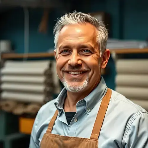 Michael Harrington - Founder of Draperies Unlimited examining fabric samples