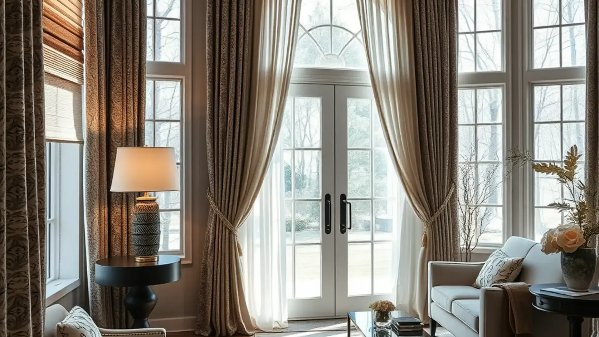 Elegant showroom display of custom drapery and window treatments